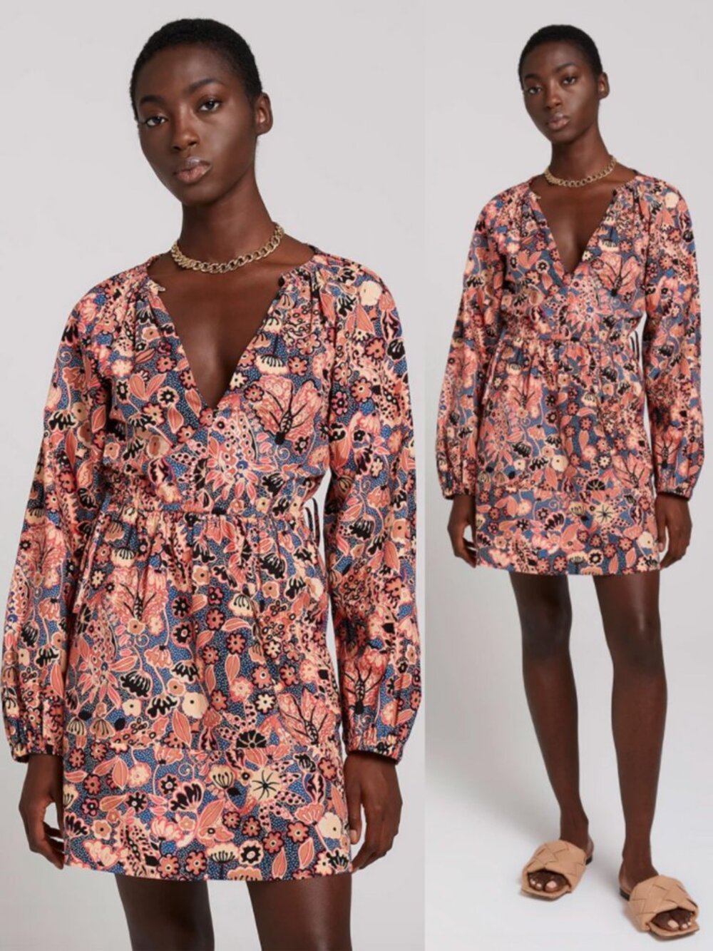 A.L.C. Myra Mini Dress 6 100% Cotton Navy Chestnut Bloom $398 Drawstring Pockets